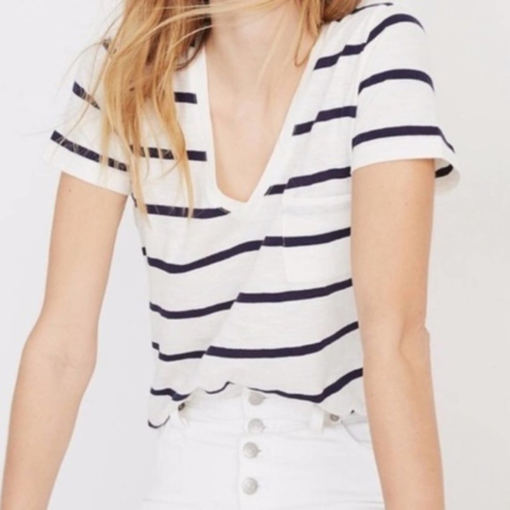 Madewell Whisper V-neck PocketTee Black Stripe SzL